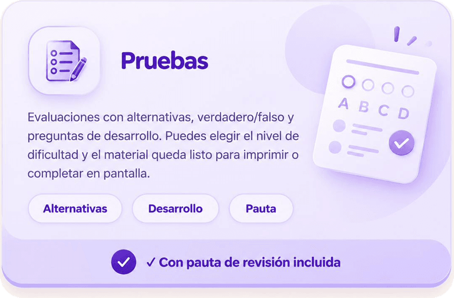 Pruebas. Evaluaciones con alternativas, verdadero/falso y preguntas de desarrollo. Puedes elegir el nivel de dificultad y el material queda listo para imprimir o completar en pantalla. Incluye alternativas, desarrollo y pauta. Con pauta de revisión incluida.