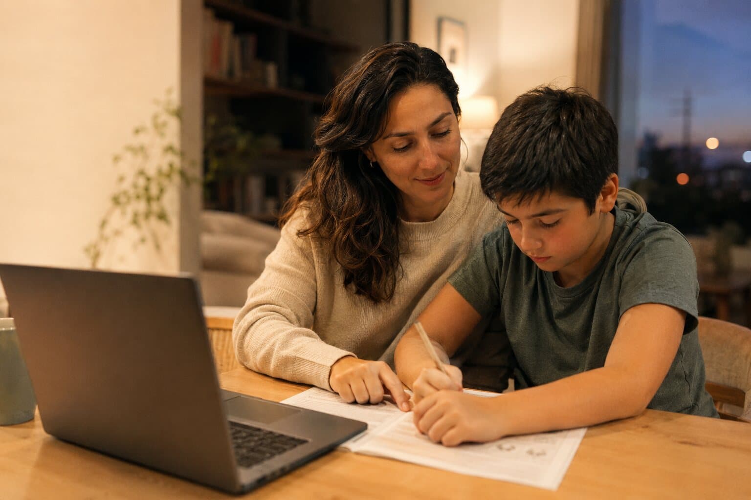 Una madre apoyando a su hijo con una guía de estudio